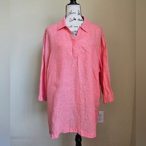 Tahari Linen Shirt Womens 2X Pink 3/4 Sleeve Popover